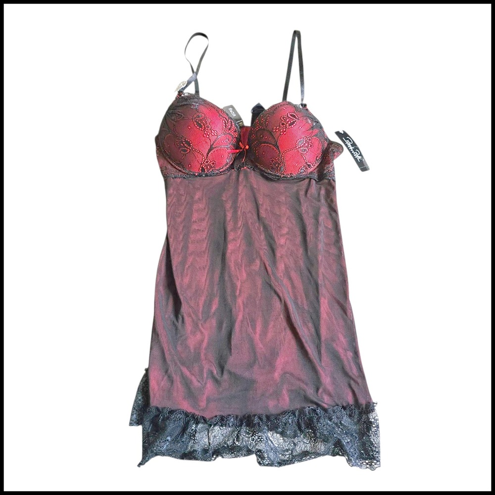 Renee Paquette Lingerie Babydoll‎ Red Black Lace Trim Chemise Nightie M Medium